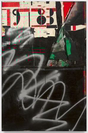 A mostly black canvas features a collage at top with the numerals "1983." Below are squiggles of gray spraypaint.