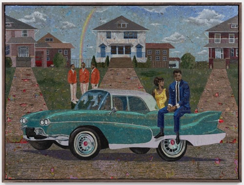 A mixed media painting by Derek Fordjour shows a Black man in a blue suit sitting on a '60s-era car with fins in a residential area. Behind them stands a woman in a yellow dress and three men in matching red jackets.