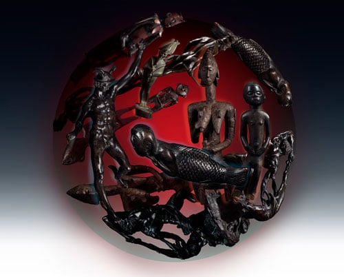 a photo composite shows statues rendered in what appear to be materials such as ebony and bronze arranged into a cosmic sphere.