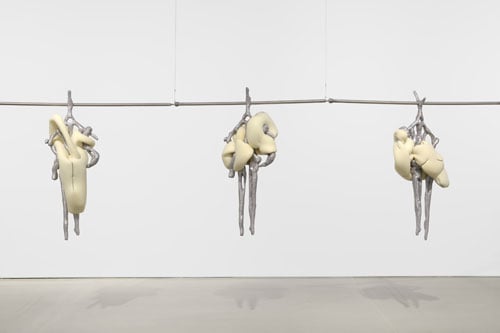 Three sculptures made from steel and polyurethane dangle from a metal rod, looking like the internal organs of some strange mammal.