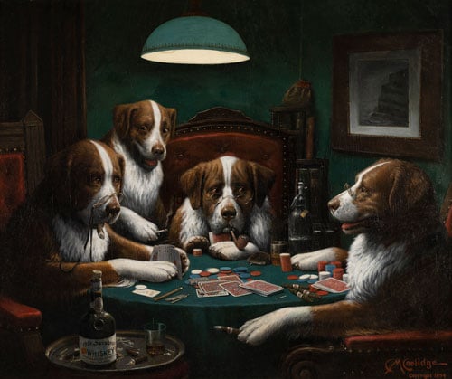 A painting of dog's playing cards by Cassius Marcellus Coolidge.