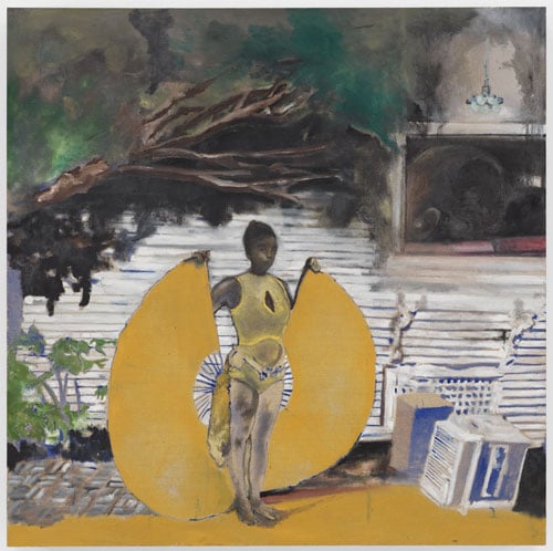 A square painting shows a woman in a yellow leotard holding a pair of brilliant orange fans before an ordinary-looking wooden house.