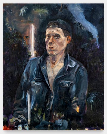 A painted self-portrait by Celeste Dupuy-Spencer shows the artist in a dark shirt and backwards baseball cap inside a dim room.