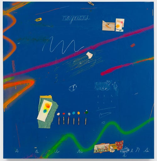 A painting the color of rich cornflower blue bears some abstracted lines, letters, as well as collaged paper pieces on its surface.