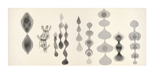A horizontal print shows the outlines of the bulbous forms of looped wire sculptures.