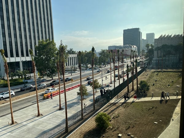 A view from the new LACMA building shows palm trees lining a sidewalk on Wilshire Boulevard.