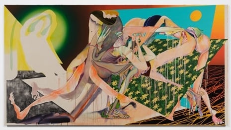 A colorful, rather surreal painting by Christina Quarles shows a tangle of human limbs intersecting with planes of color and images of landscape