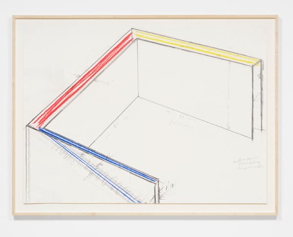 An architectonic sketch shows a three sided wall structure with the top edges rendered in yellow, red and blue