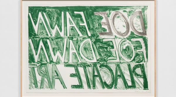 A lithograph in shades of green features the words "DOE FAWN FOE DAWN PLACATE ART" written backwards