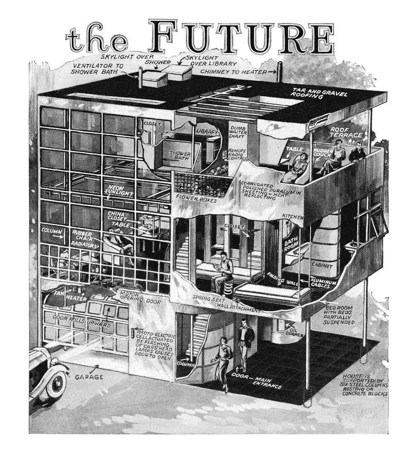 A. Lawrence Kocher and Albert Frey (architects) and Logan U. Reavis (illustrator), “The Home of the Future” cutaway illustration of Aluminaire House, in Popular Mechanics, August 1931; house built 1931