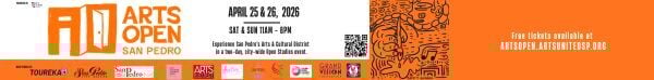 A banner ad reads: Arts Open San Pedro, April 25 &amp; 26, 2026.