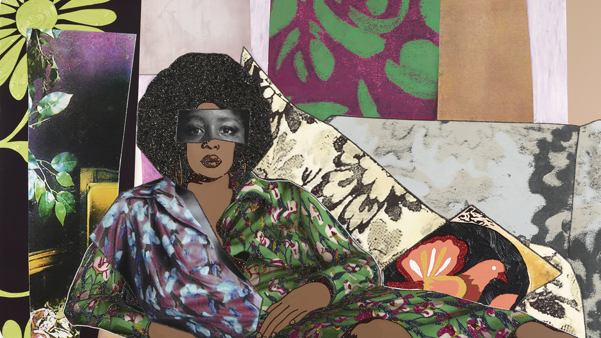 Mickalene Thomas, Afro Goddess Looking Forward, 2015. Rhinestones, acrylic, and oil on wood panel, 60 x 96 x 2 in.© Mickalene Thomas.