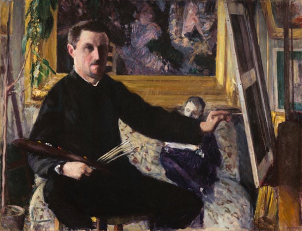 A man in a long black coat holds a paint palette and a clutch of pain brushes in a painted self-portrait.