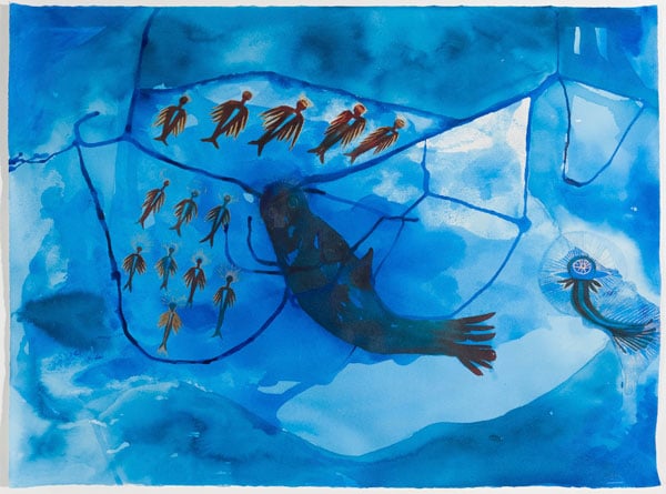 A watercolor painting shows an overhead view of a large fish and fantastical figures in clear blue water