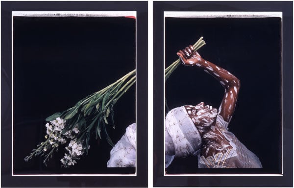 A diptych photograph shows a Black woman dressed in white and holding flowers as she bends backwards, as if in a ritual pose.