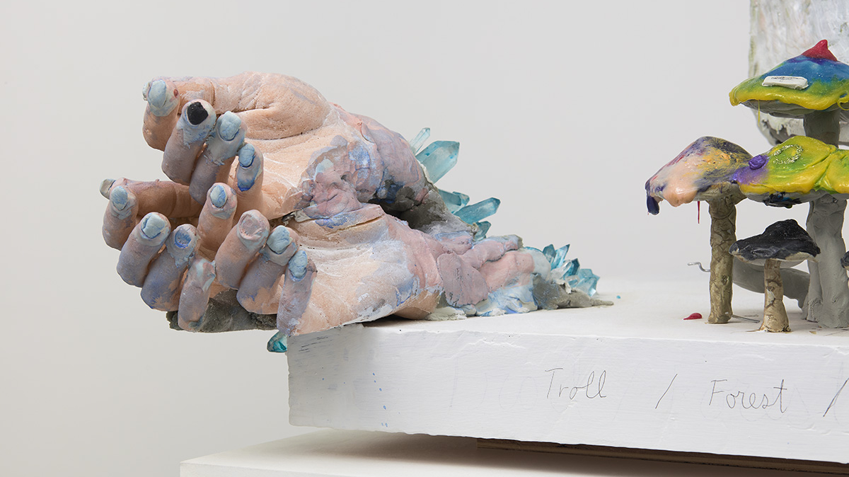 David Altmejd, “The Troll,” 2021 (detail). Expandable foam, epoxy clay, epoxygel, resin, wood, steel, hair, acrylic paint, quartz, glass eyes, pencil, Plexiglas, thread, metal wire, glass rhinestones, and glitter. 35 x 30 3/4 x 28 1/4 inches. Image courtesy of David Kordansky Gallery, Los Angeles. Photo: Lee Thompson.