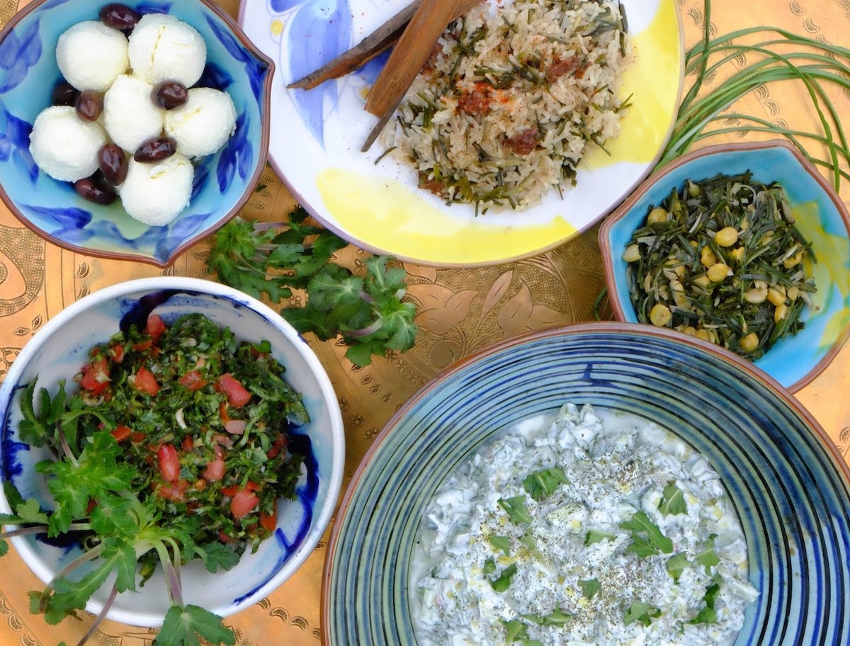  In Lebanon, foraged wild edibles play a crucial role in dishes such as salsify pilaf, wild chicory with yogurt sauce, eryngo tabbouleh, artisanal goat cheese, and salsify with qawarma (confit of lamb). Photo by Hana El-Hibri. 