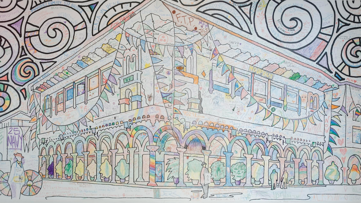 Emily Winters & S.E. Mendelson, The Colorful History of Venice, California Coloring Book, 1st Edition, 1978. Enlarged to a 178 × 91 wall. Drawn and colored by quests from opening night, 3.9.24.