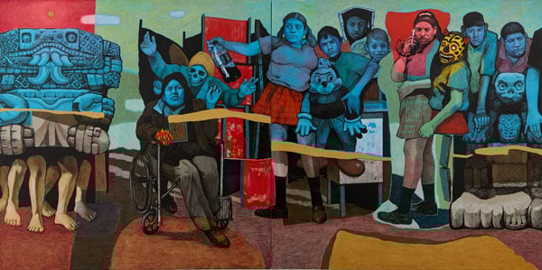 A horizontal painting shows a row of Mexican looking people; at left is the Aztec deity Coatlicue.