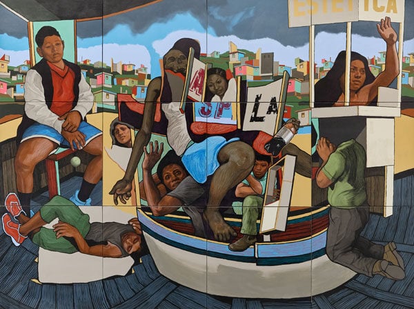 A colorful paintings shows figures arrayed in dramatic poses on a small boat inside a room. Lodged in between them is a skull.