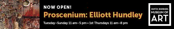 A banner ad reads: Now Open! Proscenium: Elliott Hundley. Santa Barara Museum of Art.