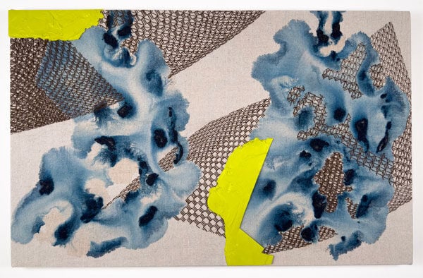 An abstract painting by Kim Schoenstadt features swirls of blue and bits of embroidery