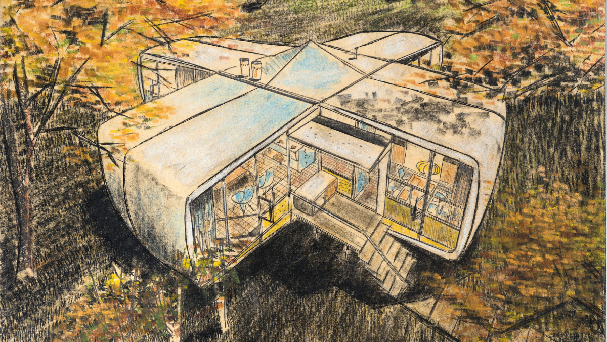 Kyu Lee of Hamilton & Goody Architects, Monsanto House of the Future, (presentation rendering), 1956, image courtesy LACMA