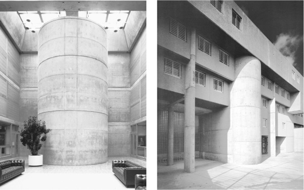 Left- YALE CENTER FOR BRITISH ART, Atrium, Louis Kahn, New Haven, CT (1974)  Right- BREST PRISON, Entrance, Antoine Choquet de Lindu, Brest, France (1751)