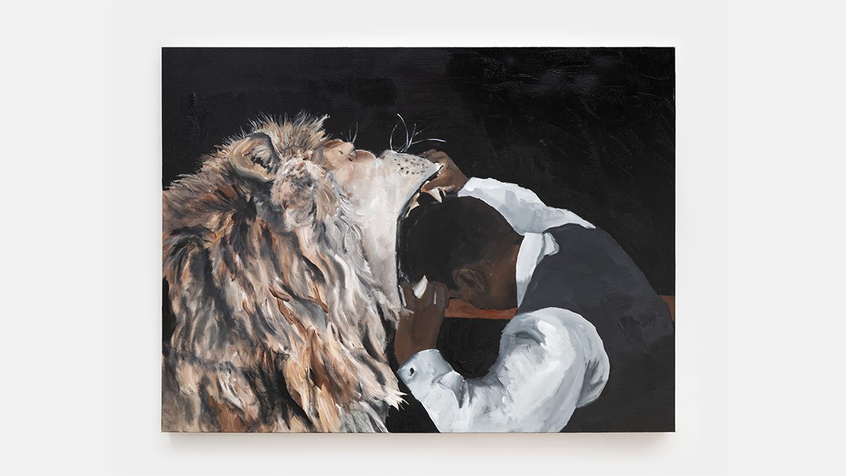 Okey Ofomata, And for My Last Trick, 2024, acrylic, oil, and charcoal on canvas, 36 x 48 in. Image Courtesy of M+B.