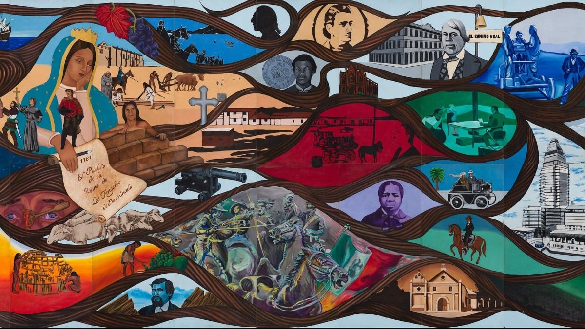 L.A. History: A Mexican Perspective. Los Angeles, California, 1981. Artist: Barbara Carrasco (b.1955). Acrylic and wood on Masonite panels. Courtesy California Historical Society/LA Plaza de Cultura y Artes; photo: Sean Meredith, 2017.