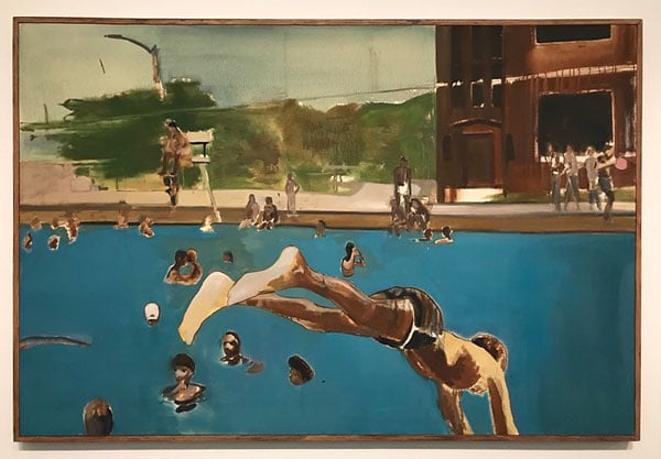 A painting by Noah Davis shows a boy diving into a large pool where others swim