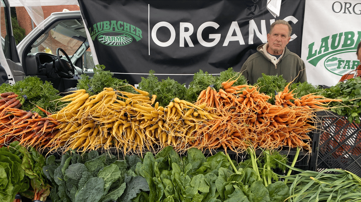 Paul Thurston of Laubacher Farms braved the extreme weather to bring his carrots to market. Photo by Gillian FergusonKCRW