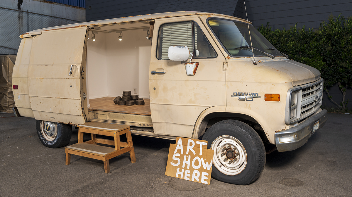 Ruben Ochoa, “Las Tortillas and CLASS: C mobile gallery,” 2021. Former Ochoa Family Tortilla Delivery Van/ mobile gallery space and bronze, 1985. Chevy and bronze, dimensions variable. Image courtesy of the artist and CLASS: C. Photo by Pete Galindo. 