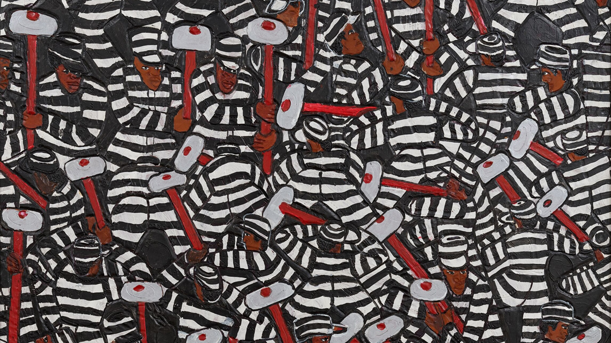 Winfred Rembert, “All of Me Date.” Acrylic paint on carved and tooled leather, 33 3/4 x 30 1/2 inches. Winfred Rembert, “All of Me Date.” Acrylic paint on carved and tooled leather, 33 3/4 x 30 1/2 inches. 