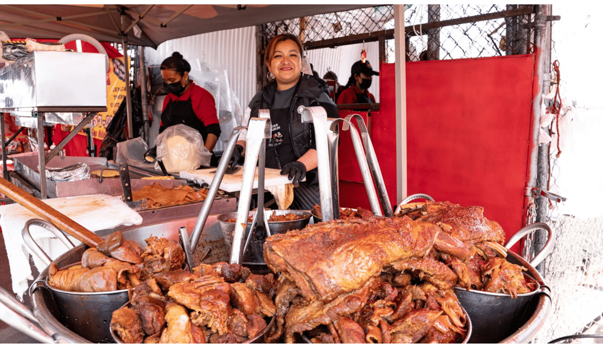 Guadalupe Baez cooks up a thousand pounds of carnitas every Sunday in Downtown L.A. at Carnitas Los Gabrieles. Photo by Memo Torres.