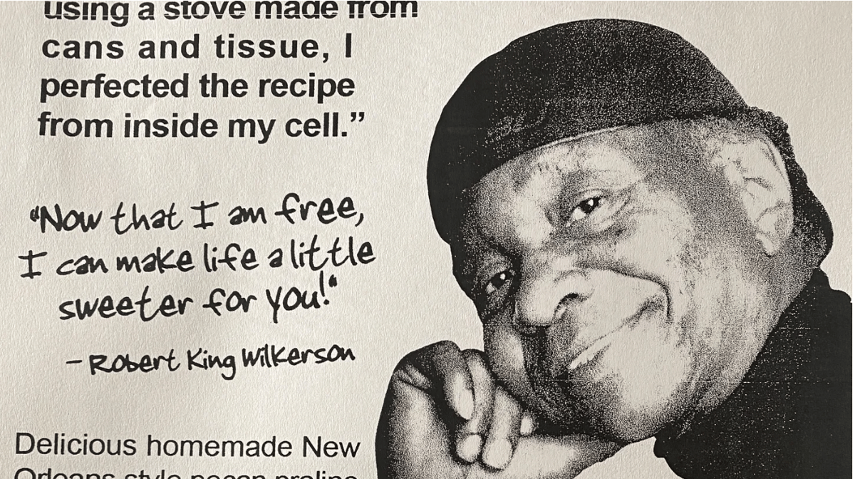 A flyer advertising Robert King’s pralines that he sells to bring awareness to the Angola 3. Photo courtesy of Jessica Gingrich.