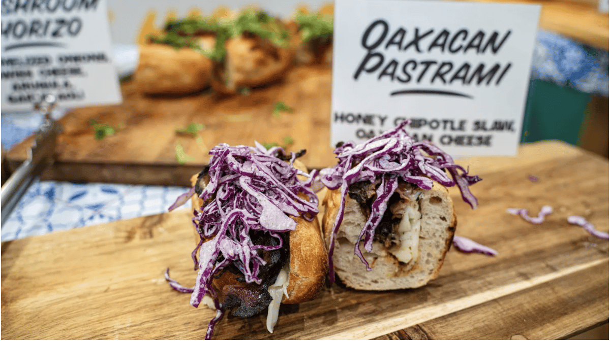 A Oaxacan pastrami is served on birote, a salty sourdough-esque bread from Guadalajara, perfected by Jonathan Perez at Birote Cafe. Photo by Memo Torres.