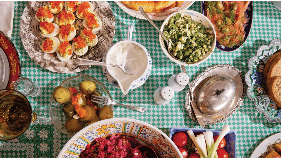 Zakuski, a Slavic assembly of small plates of cold appetizers, are traditionally consumed with ice-cold vodka, each shot accompanied with a toast from a different guest. Photo by Kristin Teig.