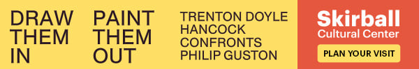 A banner ad reads: "Draw Them In. Paint Them Out. Trenton Doyle Hancock Confronts Philip Guston. Skirball Cultural Center."
