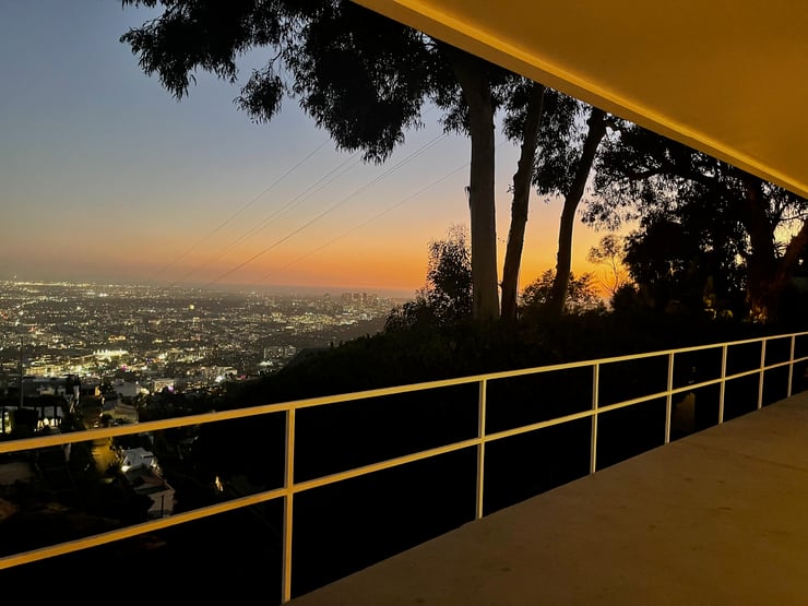 Sunset turns balcony orange at Galka Scheyer house, IMG_8368