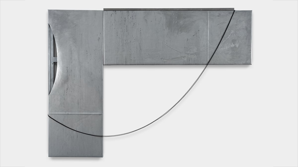 Reginald Sylvester II, Synthesis, 2023. Acrylic, studio debris, cord and steel beam on rubber over exposed substrate. 82 x 112 inches. Courtesy of the artist and Roberts Projects. Los Angeles, California Photo: Daniel Greer.