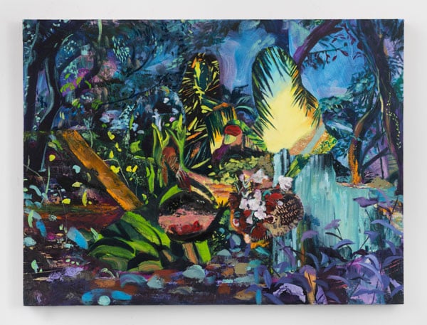 A painting by Maia Cruz Palileo features a lush landscape in blues, greens and purples