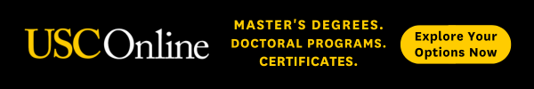 A banner ad for USC Online advertises master's degree and doctoral programs.