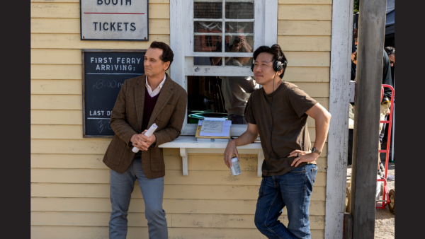 Actor Matthew Rhys and director Hiro Murai on the set of 'Widow’s Bay'. Courtesy of Apple.