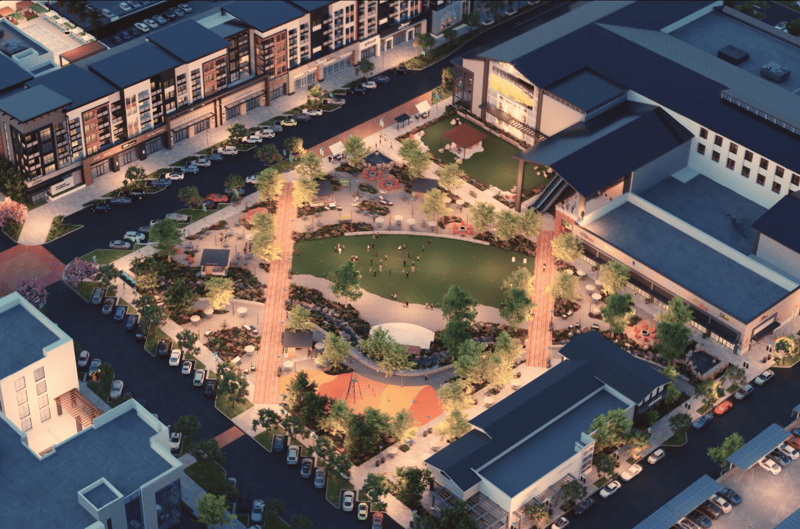 Village green at Laguna Hills, screenshot from developer Merlone Geier promotional video