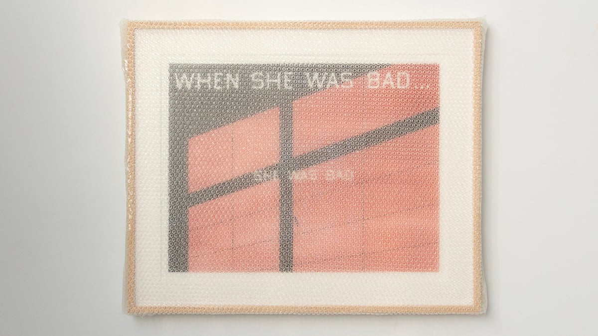 Tammi Campbell, “WHEN SHE WAS BAD …SHE WAS BAD” Framed, with Bubble Wrap and Packing Tape, Pastel on paper, wood frame, plexiglass and acrylic, 76.2 x 91.4 cm, 2024, Image courtesy of the artist and Anat Ebgi, Los Angeles/New York