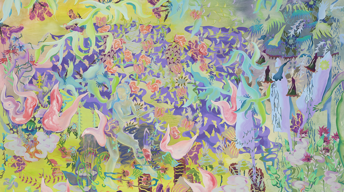 Sarah Ann Weber, “Return no more,” 2021. Oil and colored pencil on panel, 72 x 96 inches. Image courtesy the artist and Anat Ebgi. Photo by Matthew Kroening.