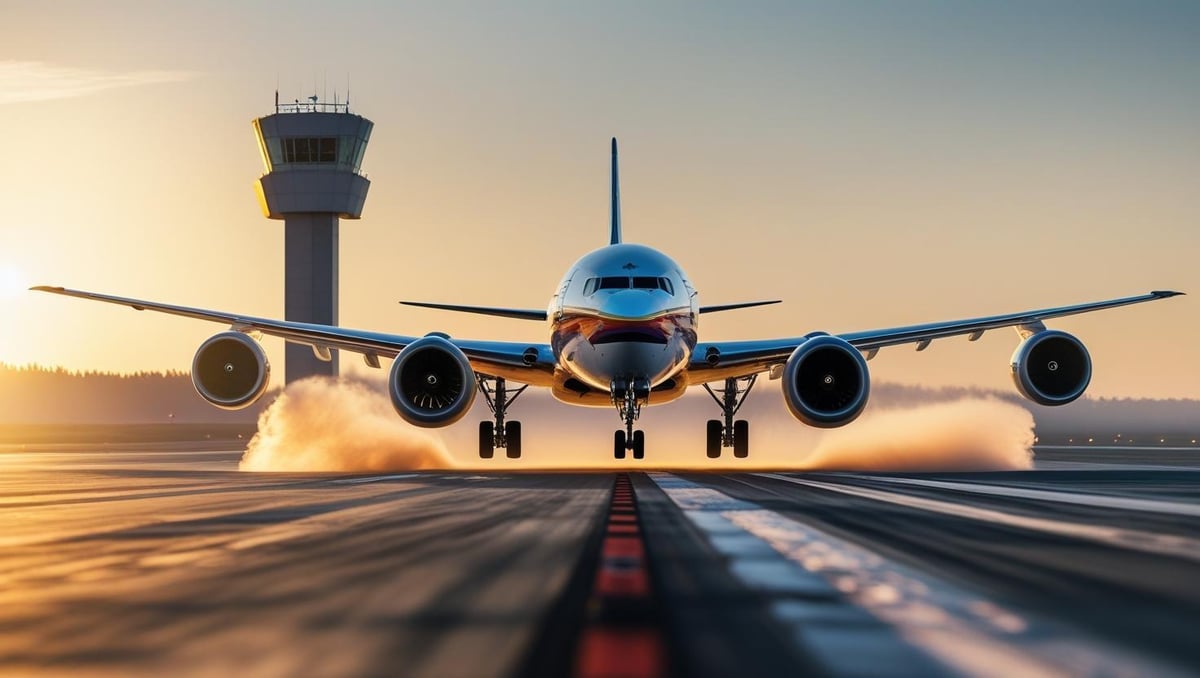 a plane taking off a runway with airline tower in the background