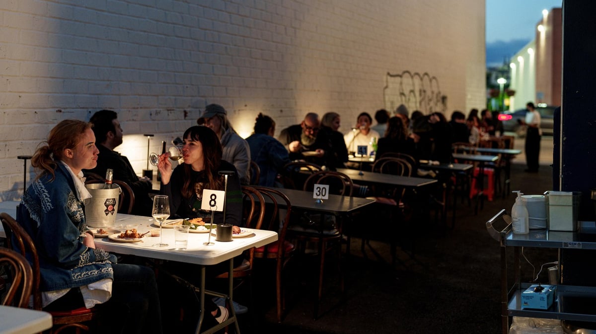 The City of LA’s outdoor dining program looks unchanged for customers seated in the private driveway outside Anajak Thai in Sherman Oaks since the pandemic lockdowns. Photo courtesy of Anajak Thai/Photo by Carter Hiyama.