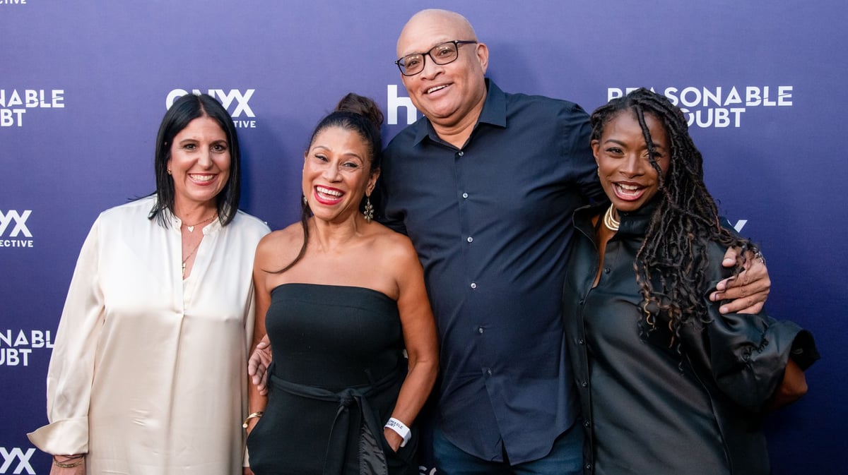 (L-R) Pilar Savone, Shawn Holley, Raamla Mohamed, and Larry Wilmore attend the premiere Of Hulu's 